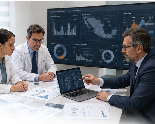 Equipo multidisciplinario analizando información clínica y tecnológica